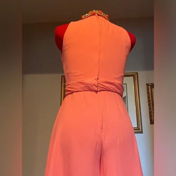 VTG 60s / 70s Coral Halter Wide / Balloon Leg Jumpsuit W Embellished Collar - Picture 6 of 13